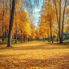 Golden Canopy of Autumnal Trees in a Serene Park Landscape with a Carpet of Fallen Leaves and Bright Sky