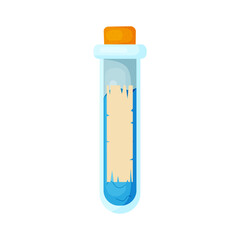 Magic light blue potion in a glass bottle with a stopper in flat style isolated on white background. Vector illustration