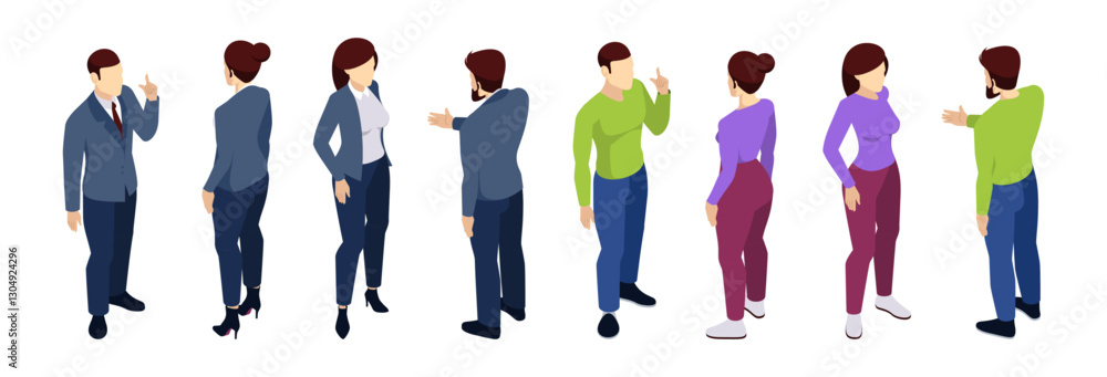 Poster isometric male and female constructor characters, personages in official and casual clothes. vector 
