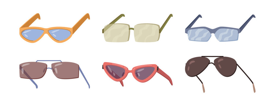 Summer sunglasses collection, isolated set of accessories for apparel and outfit completion. Vector stylish and fashionable glasses adornment, retro look. Different types of eyeglasses or spectacles