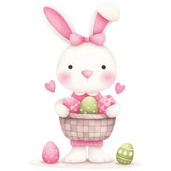 Cute Easter bunny holding basket of colorful eggs with hearts