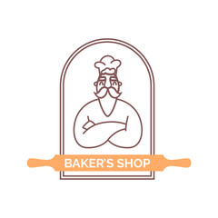 Chef and rolling pin, bakers shop logotype with owner or seller wearing hat. Vector isolated logo or emblem for products, sticker or badge for local business. Retro minimalist stamp for bakery