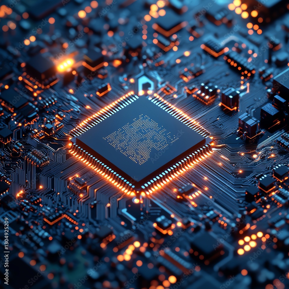 Poster innovative technology concept with a detailed circuit board, cpu processor microchip, neural network