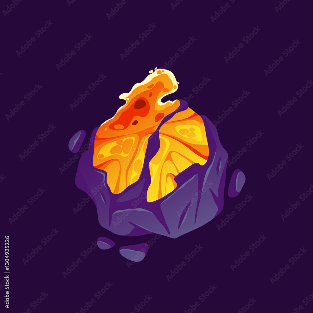 Poster energy ball with flames and plasma or magma. vector isolated cartoon heat sphere with stone shells. 
