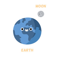 Cute planet earth character with smiling facial expression. Vector in flat style, isolated kawai personage with natural satellite moon. Exploring cosmos and universe, learning solar system