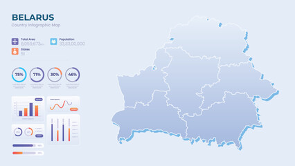 Infographic Map of Belarus. Total Area, Papulation, States & More Detailed Infographic Map of Belarus. Vector Illustration