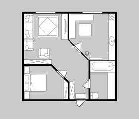 Blueprint of home, apartment or dwelling. Vector house construction with walls and doors, furniture layout and arrangement of decorative elements. Floor plan top view with schematic objects
