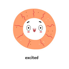 Round shaped cartoon character with excited facial expression, abstract cute face mascot with blush. Vector isolated personage in form of circle showing emotions. Sticker, or