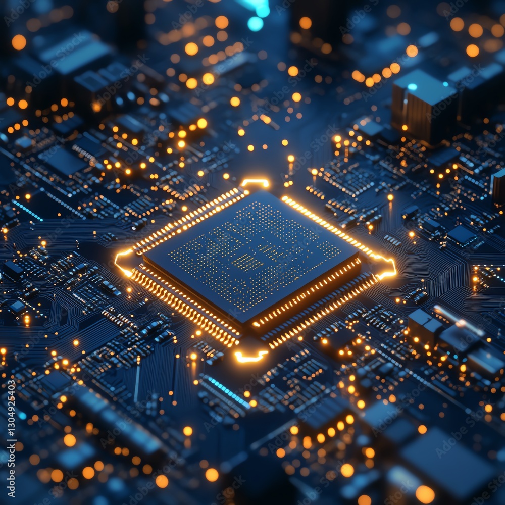 Poster innovative technology concept with a detailed circuit board, cpu processor microchip, neural network