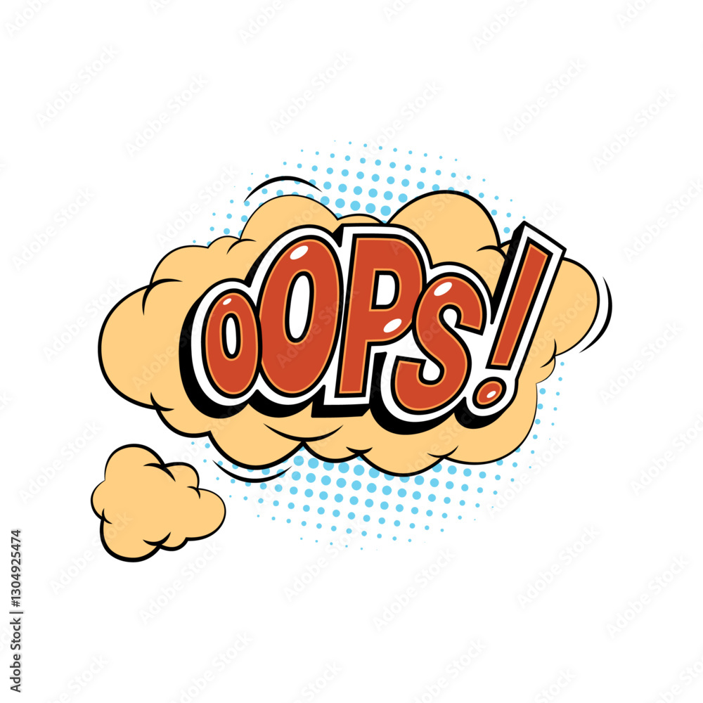 Poster Oops comic speech sound expression of character or personage. Vector isolated icon or sticker with cloud and polka dot, word lettering with exclamation point. Recognition of mistake or accident