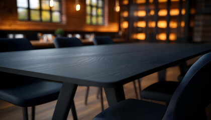 Elegant close-up of a modern meeting table in a contemporary office setting with warm lighting, perfect for work or collaboration.