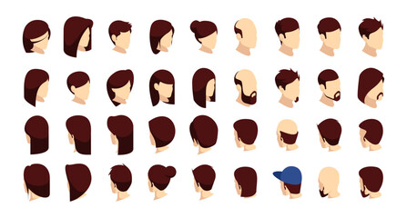 Isometric constructor to create personage. Vector set of male and female heads. Diversity in man grooming and trendy womens hairstyles kit. Characters and avatars in design and technical drawings