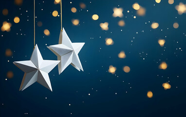 Elegant hanging stars with a bokeh background, creating a dreamy and festive atmosphere. Perfect for holiday decorations or events.
