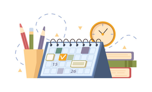 Calendar or planner with memos, meetings and dates with tasks and priority. Vector isolated organizer on table with textbooks, clock and pencils on cup. Business tools for productivity boost