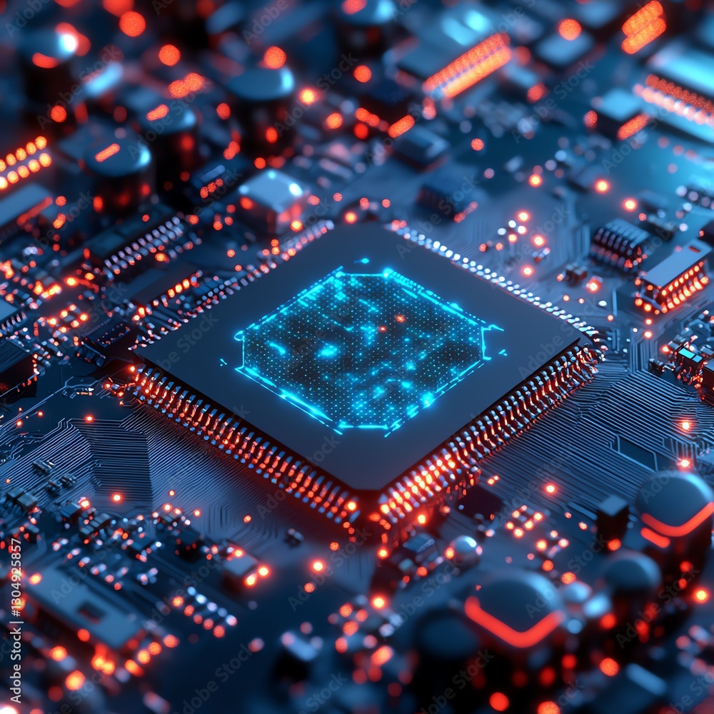 Poster advanced cpu chip on a motherboard with frosty icecovered microchips