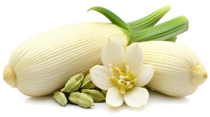 Freshly Harvested Corn and Green Cardamom Pods with Delicate White Flower Arrangement
