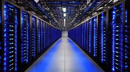 Obraz premium Data Center Corridor: Rows of Servers Glowing with Blue Lights