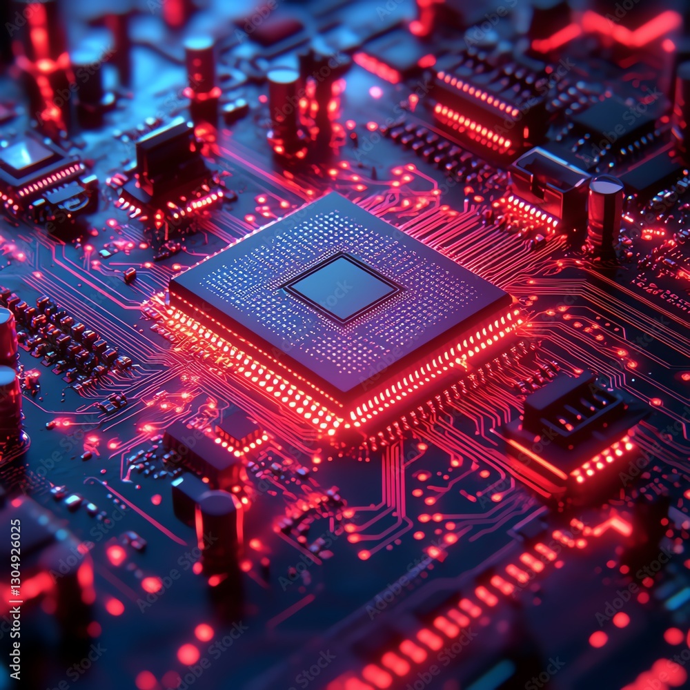 Poster advanced innovation technology concept with a detailed circuit board featuring a cpu processor