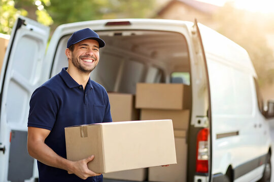 Delivery man delivering holding parcel box to customer 