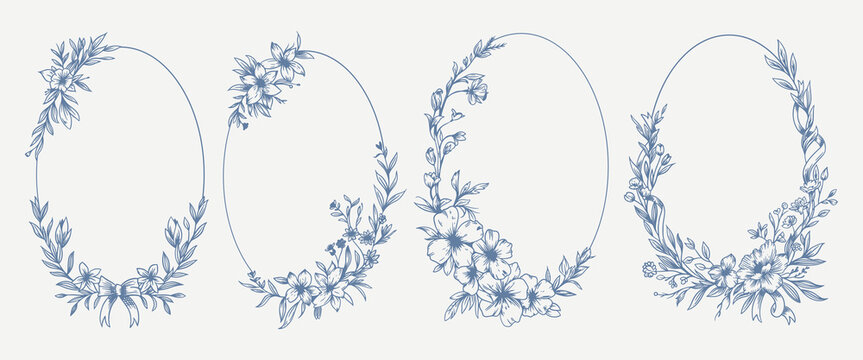 Botanical blue wedding frame or wreath on white background. Hand drawn floral, flower, leaf branch in toile de jouy style. Line art for wedding, monogram, invitation, greeting, logo, birthday cards