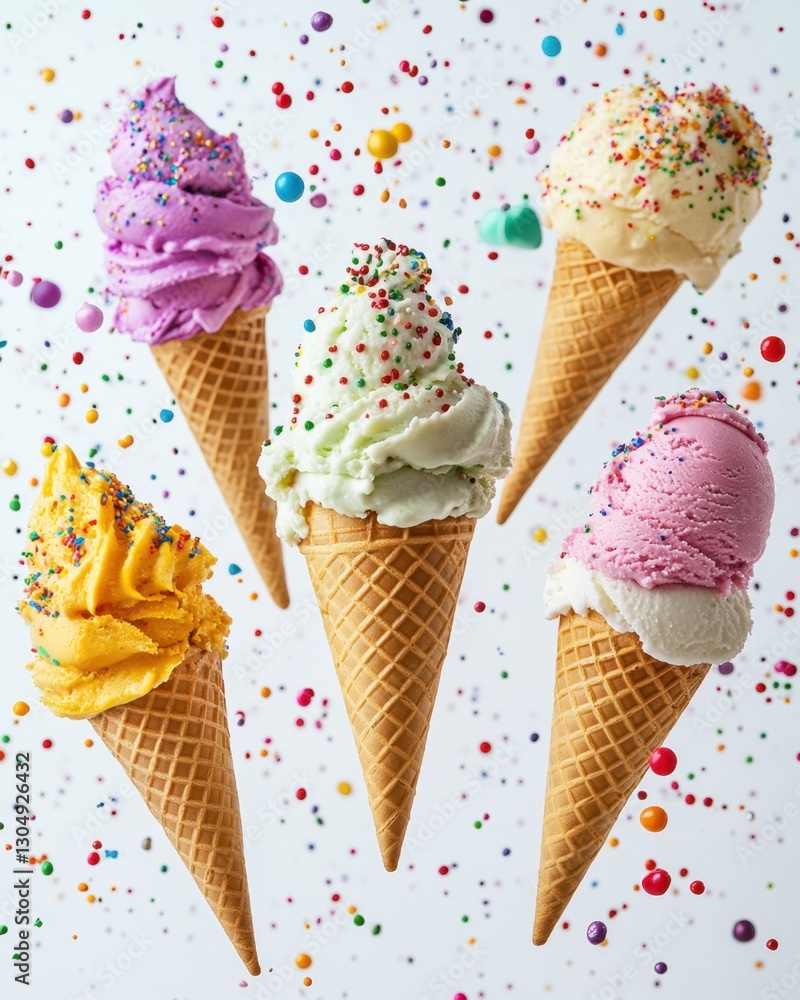 Poster colorful ice cream cones with sprinkles floating against a bright backdrop creating a joyful and cel