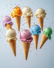 Vibrant Array of Ice Cream Cones with Colorful Sprinkles Against a Soft Background Sweet Treat Delight