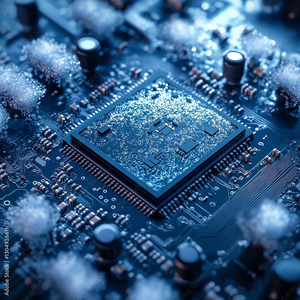 Poster cpu chip motherboard with smart processor on a circuit board, frosty cold ice sheath microchips, ai 