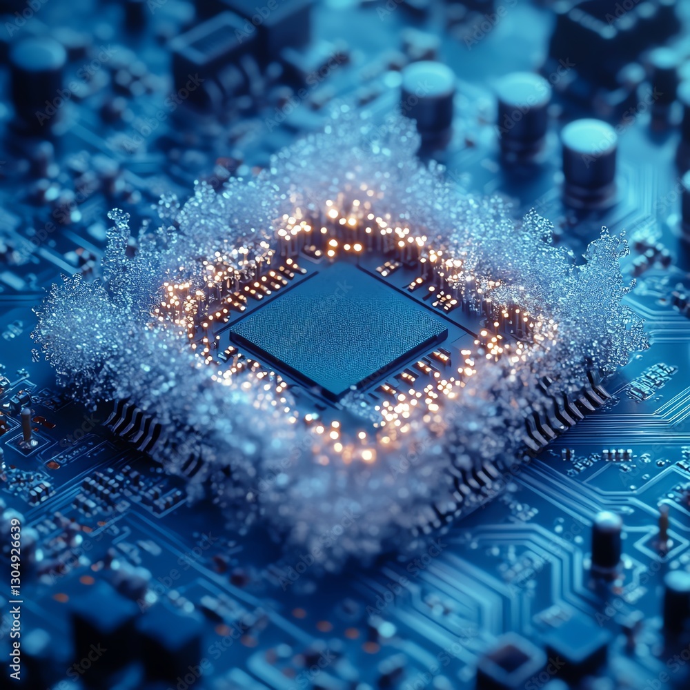 Poster cpu chip motherboard with smart processor on a circuit board, frosty cold ice sheath microchips, ai 