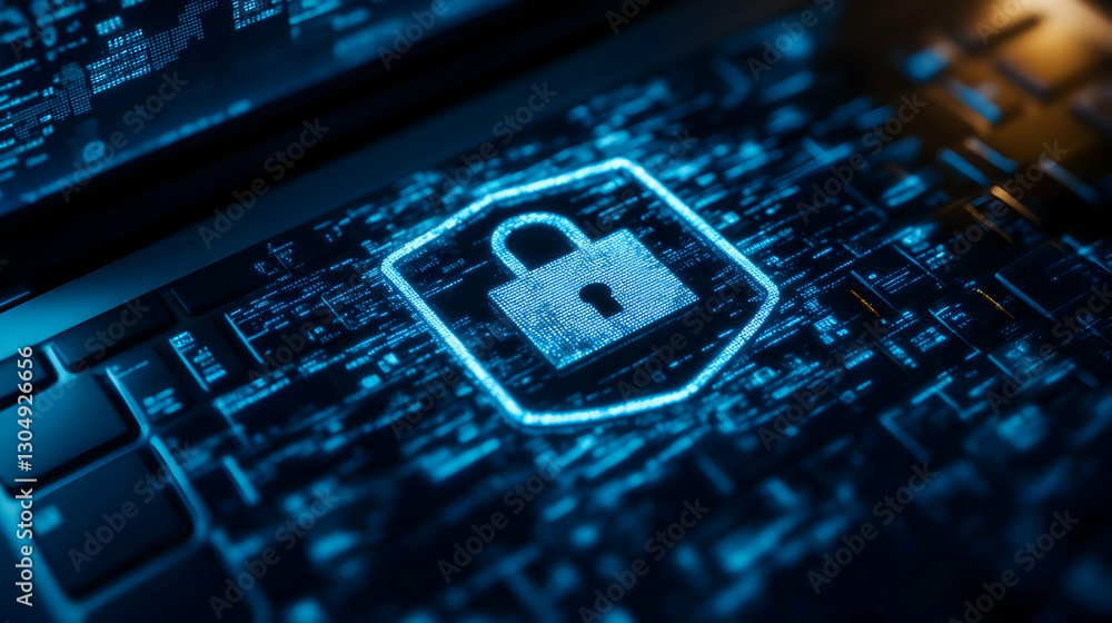 Poster high-tech security lock symbol on a digital keyboard, representing cybersecurity and data protection