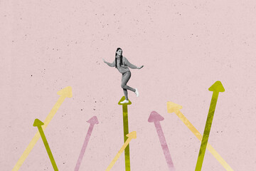 Image contemporary photo collage of happy businesswoman stand arrow pointer development career growth opportunity goal achievement