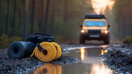 A rugged camera setup near a muddy road with a vehicle in the background during sunset