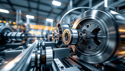 Fototapeta premium Advanced machinery operation in a modern industrial facility focusing on precision engineering components during daytime hours
