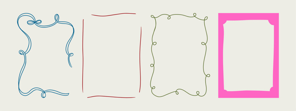 Set of elegant whimsical hand-drawn pink blue orange green color frames with wavy squiggle curly ribbons in trendy, vintage styles. Perfect for quirky holiday, wedding, birthday gift decorations