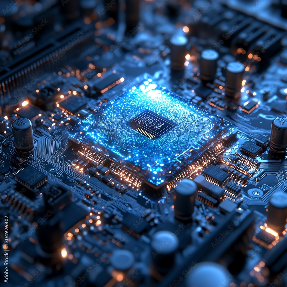 Poster frosted ice sheath microchips on a motherboard with cpu processor, ai chip, computer data technology