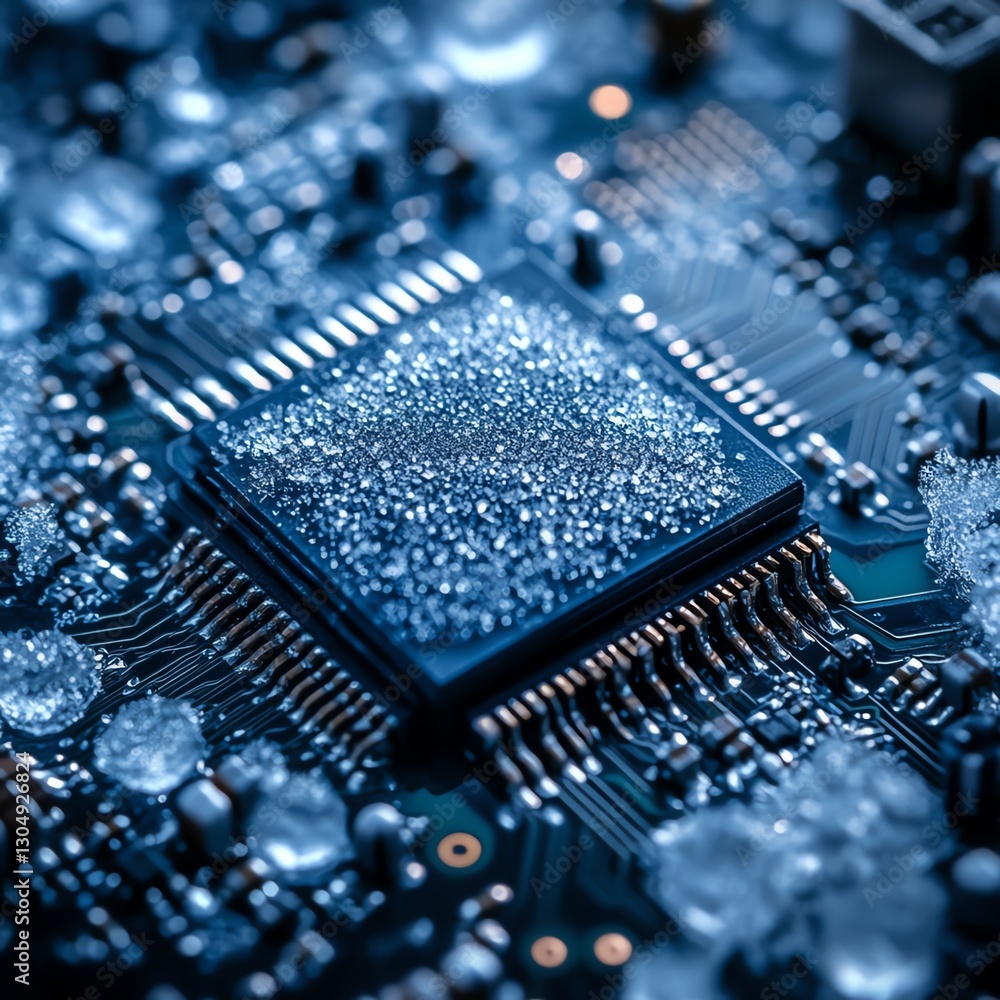 Poster frosted ice sheath microchips on a motherboard with cpu processor, ai chip, computer data technology
