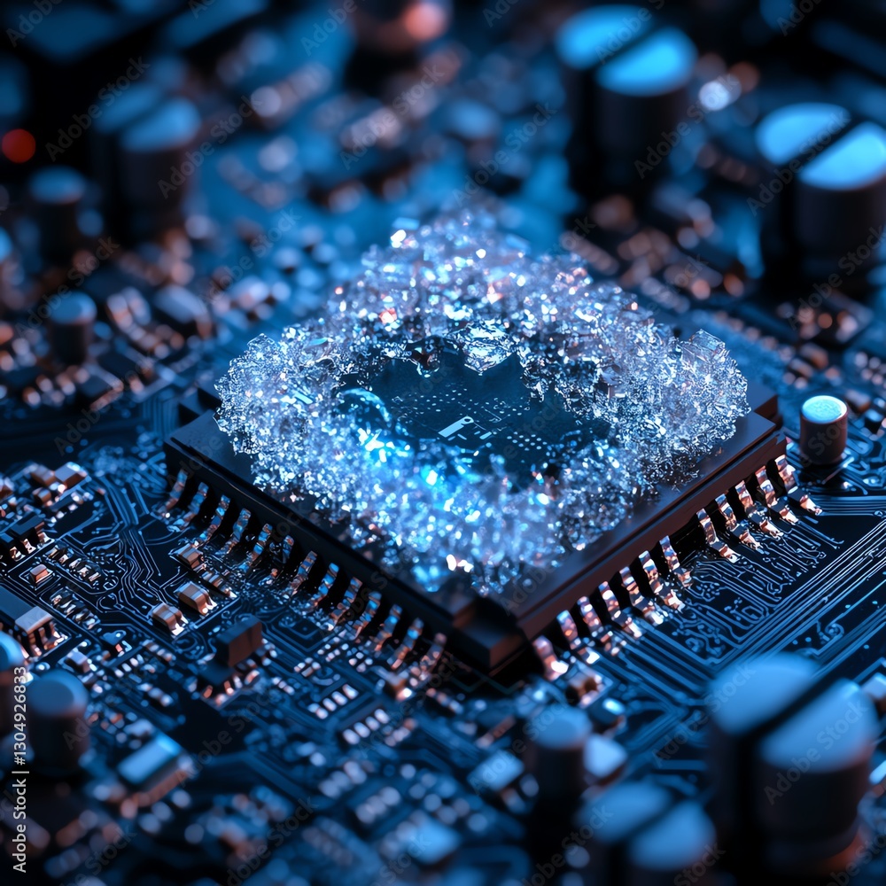 Poster frosted ice sheath microchips on a motherboard with cpu processor, ai chip, computer data technology