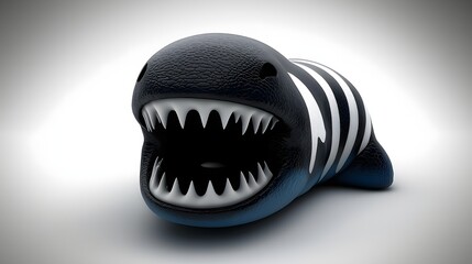 Fototapeta premium Playful Cartoon Shark Toy with Striped Body and Exaggerated Teeth on a Minimalist Background