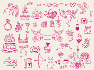 Set of whimsical hand-drawn love aesthetic illustartion in trendy vintage style. Perfect for quirky wedding holiday, dinner and bar menu, bachelorette party, birthday invitation, sign