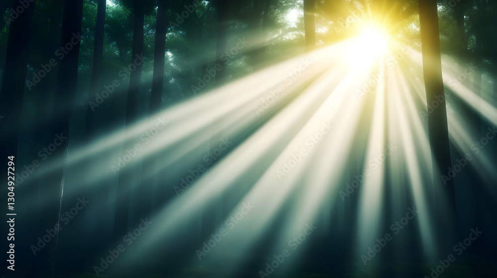 Aufkleber serene forest scene with sunlight filtering through tall trees, creating a tranquil and peaceful atm