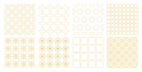Collection of Arabic geometric mosaic printable seamless pattern with abstract Moroccan print in gold colors. Ramadan Kareem Traditional Islamic art Illustration background