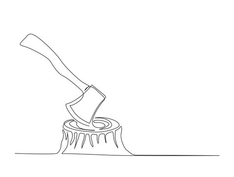 recommend clip art: Continuous one line drawing of axe in tree stump. Axe in stump in single line draw illustration. Editable stroke.