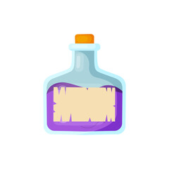 Magic violet potion in a glass bottle with a stopper in flat style isolated on white background. Vector illustration
