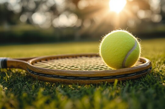 Tennis ball on a wooden racket lying on the grass, illuminated by warm sunlight