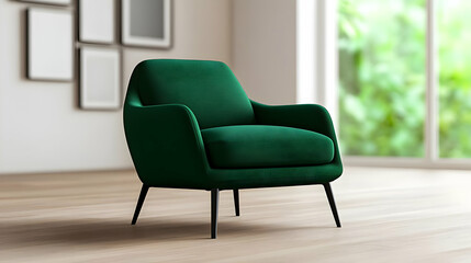 Stylish green chair in a modern living room, showcasing minimalist design and comfort. Perfect for contemporary interiors and relaxation.