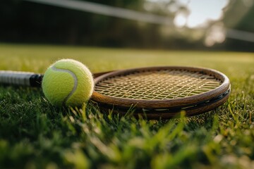 Tennis ball and wooden racket on the grass near the net, illuminated by warm sunlight