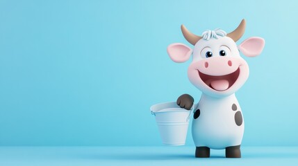 Fototapeta premium Cute cartoon cow holding milk pail on light blue background