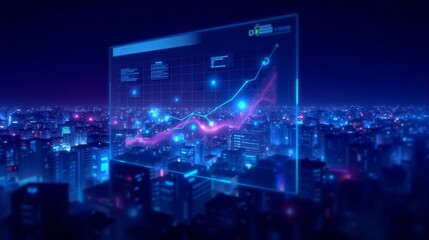 Fototapeta premium Futuristic cityscape with holographic financial graph and upward trends in a vibrant night design