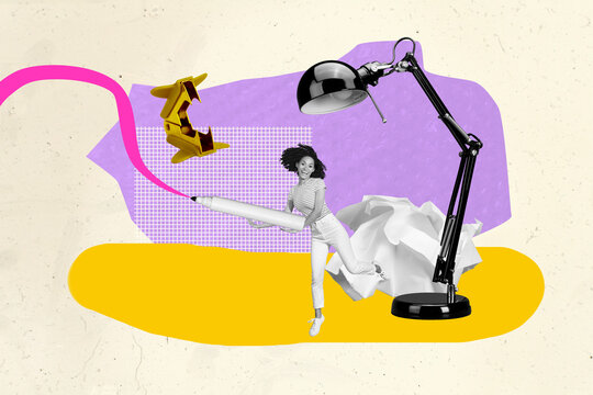 Composite image montage artwork 3D collage of young lady hold pen draw paper ball lamp tool office manager job human resources occupation