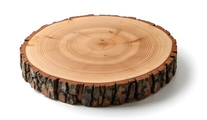 Wooden log stand with visible tree rings and rugged bark isolated on white background