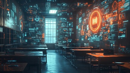 Obraz premium Futuristic Classroom Holographic Data Interfaces Education